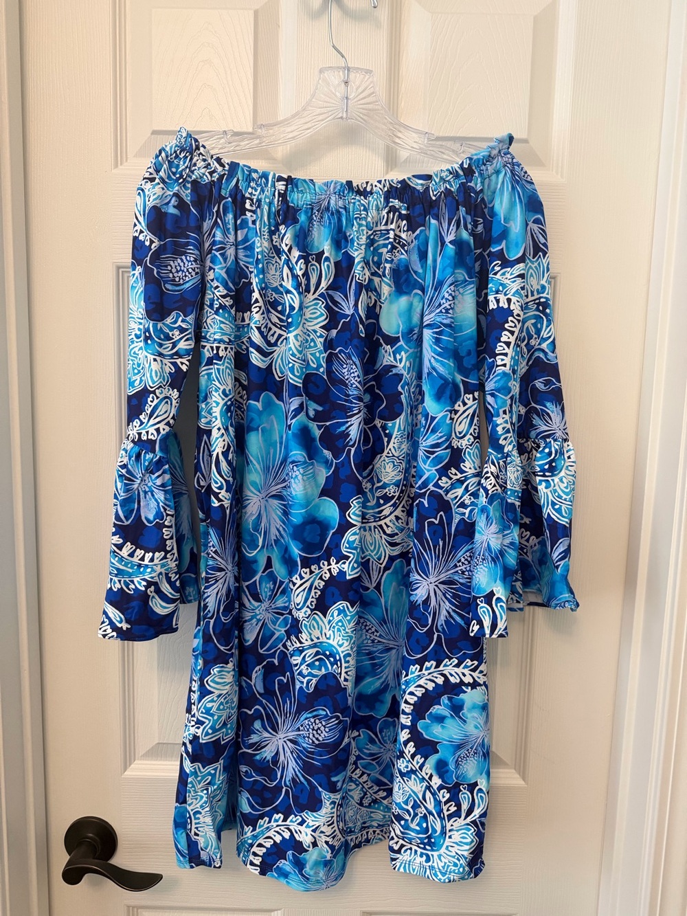 Beach House Style Blue Floral Off Shoulder Cover-Up Dress Size L NWT